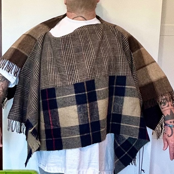 Rik Villa Deconstructed Scarf Poncho Wrap Brown Unisex Plaid Project Runway - Picture 1 of 7